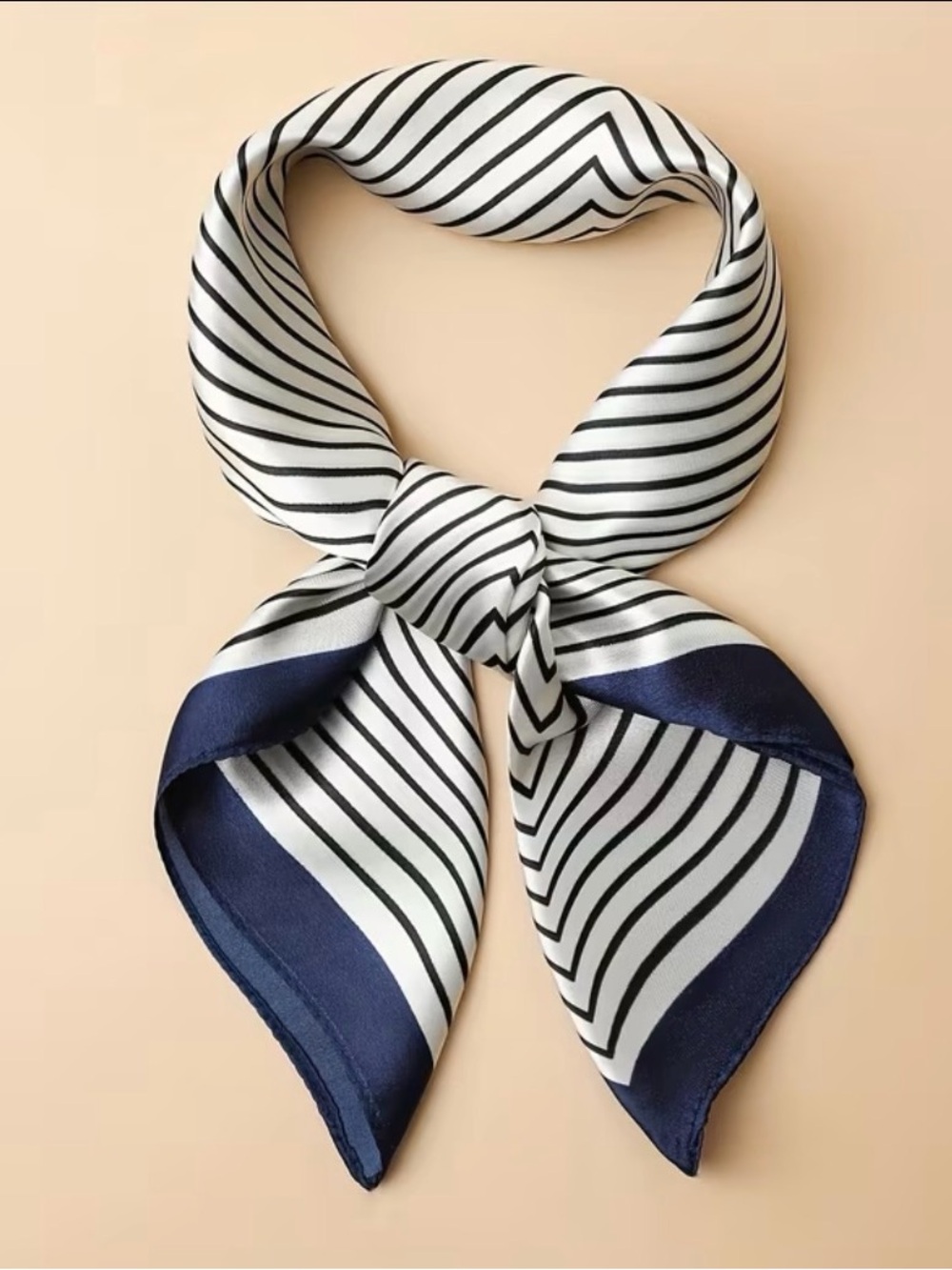 Striped Navy Trim Silk-Look Neck Scarf